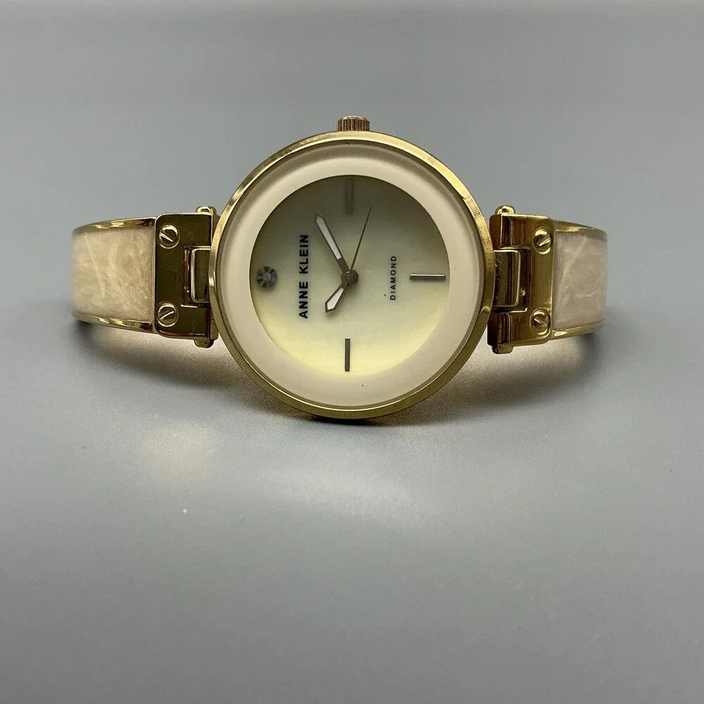 Anne Klein Womens Watch 34mm Cream Dial Gold Tone Inlay AK/2512 New Battery 6.5